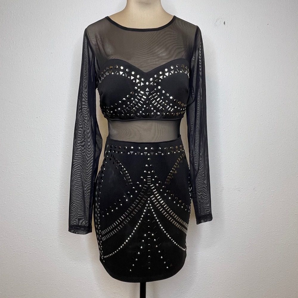 Y2K Biker Punk Arden B Mini Dress Studded Sheer Mesh Bodycon Small Black Edgy